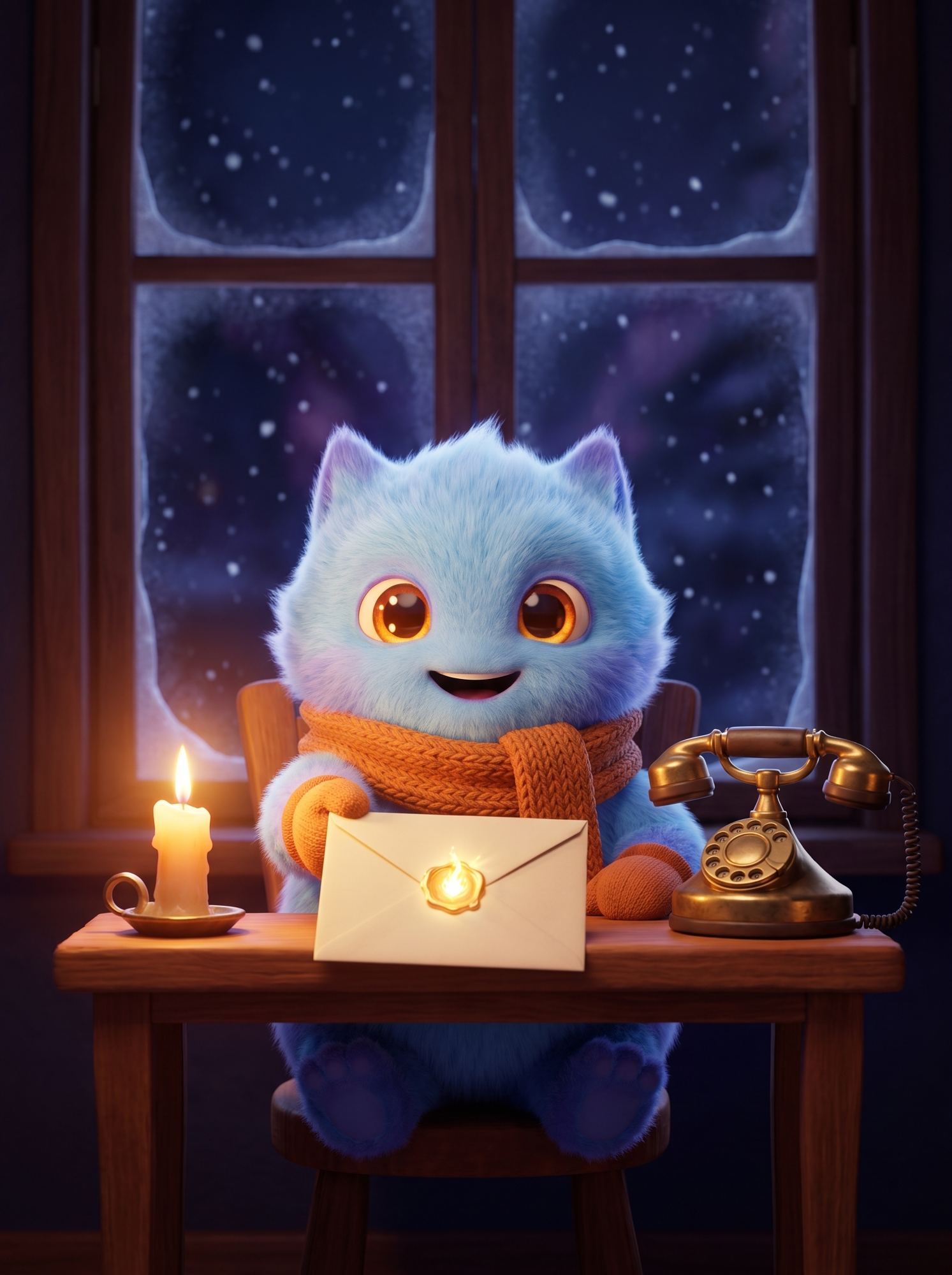 Fizz holding a sealed letter at his desk